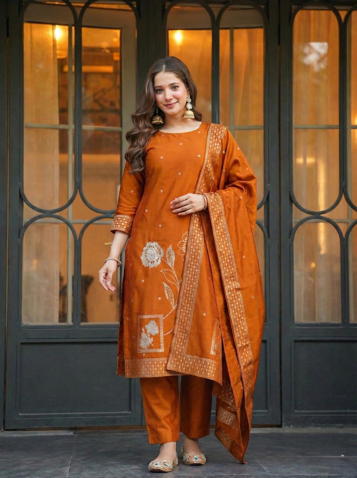Premium Art Silk Jacquard Straight Kurta & Pant Set with Matching Dupatta Code !! F.B.K.