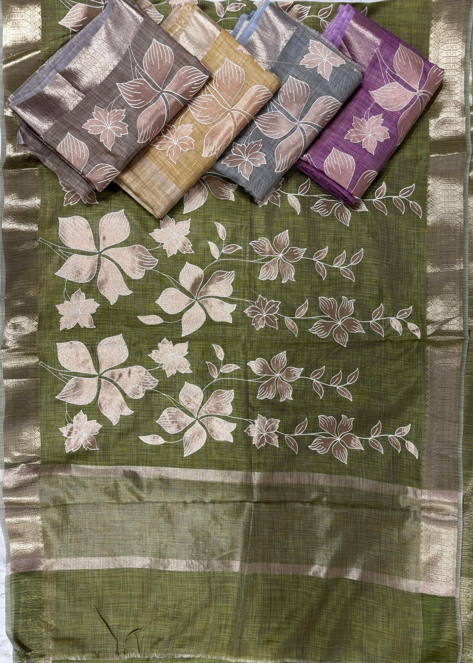 Exquisite Linen Saree with Intricate Applique Work & Golden Zari Border Code !! B.H.C.