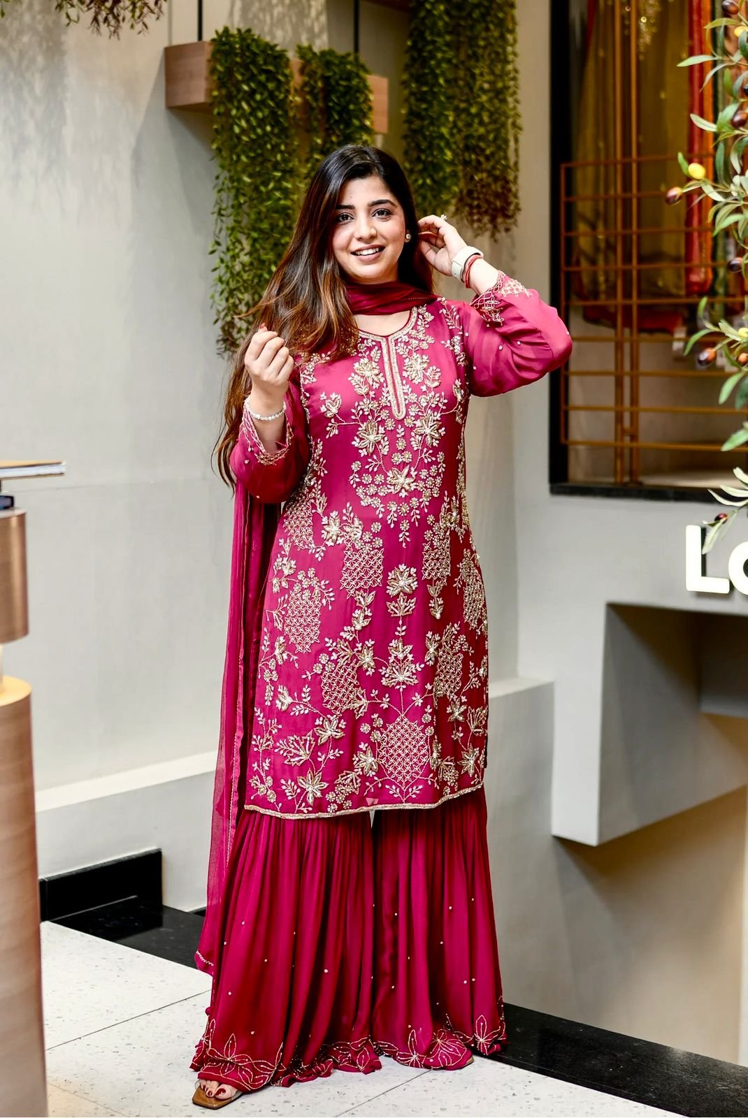Elegant Faux Georgette Embroidered Kurti with Fully Flair Plazzo & Dupatta Set Code !! F B.S.S.  