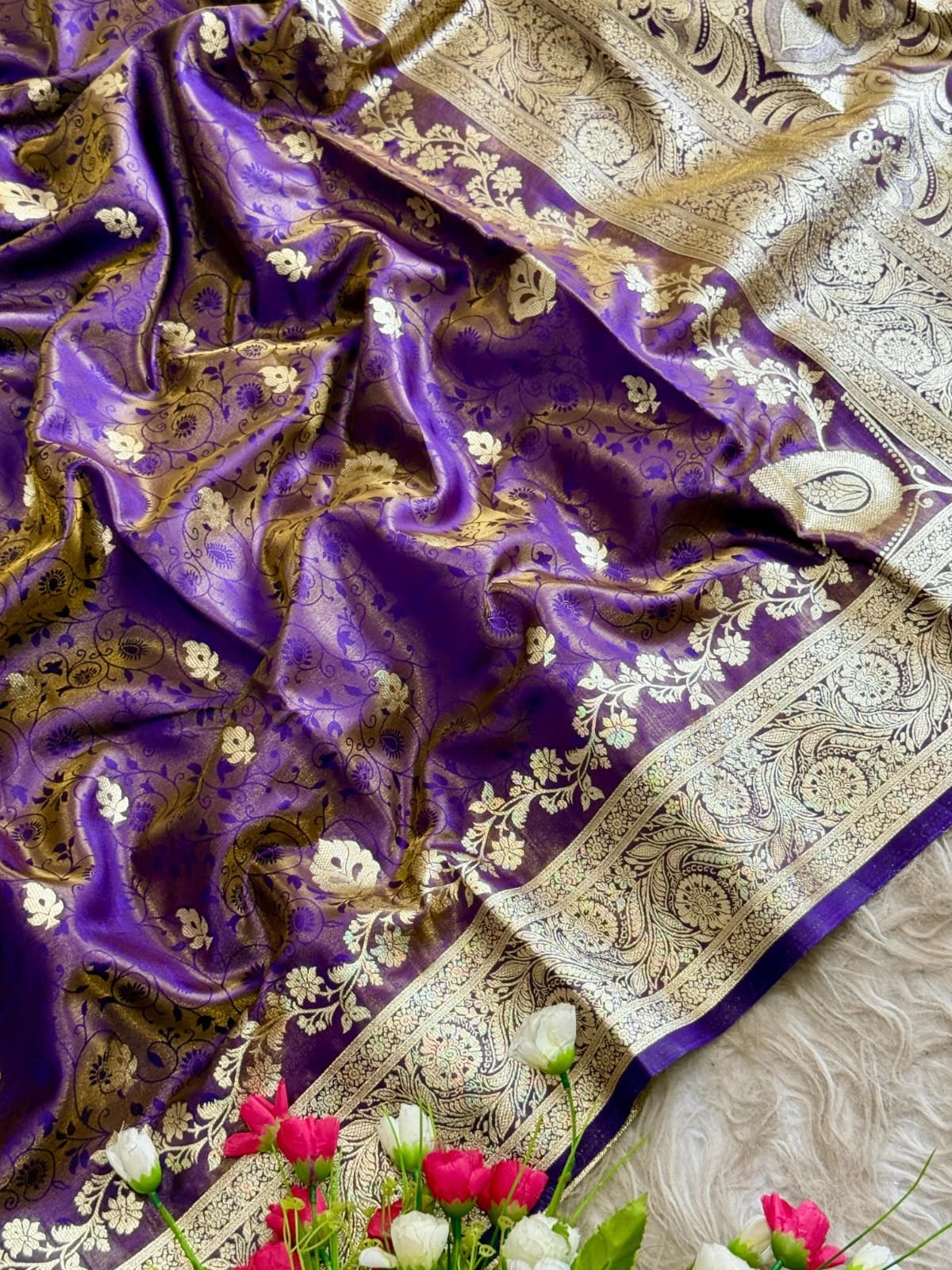Royal Banarasi Glass Satin Tissue Silk Saree with Floral Zari Work (Code: B.F.S.)