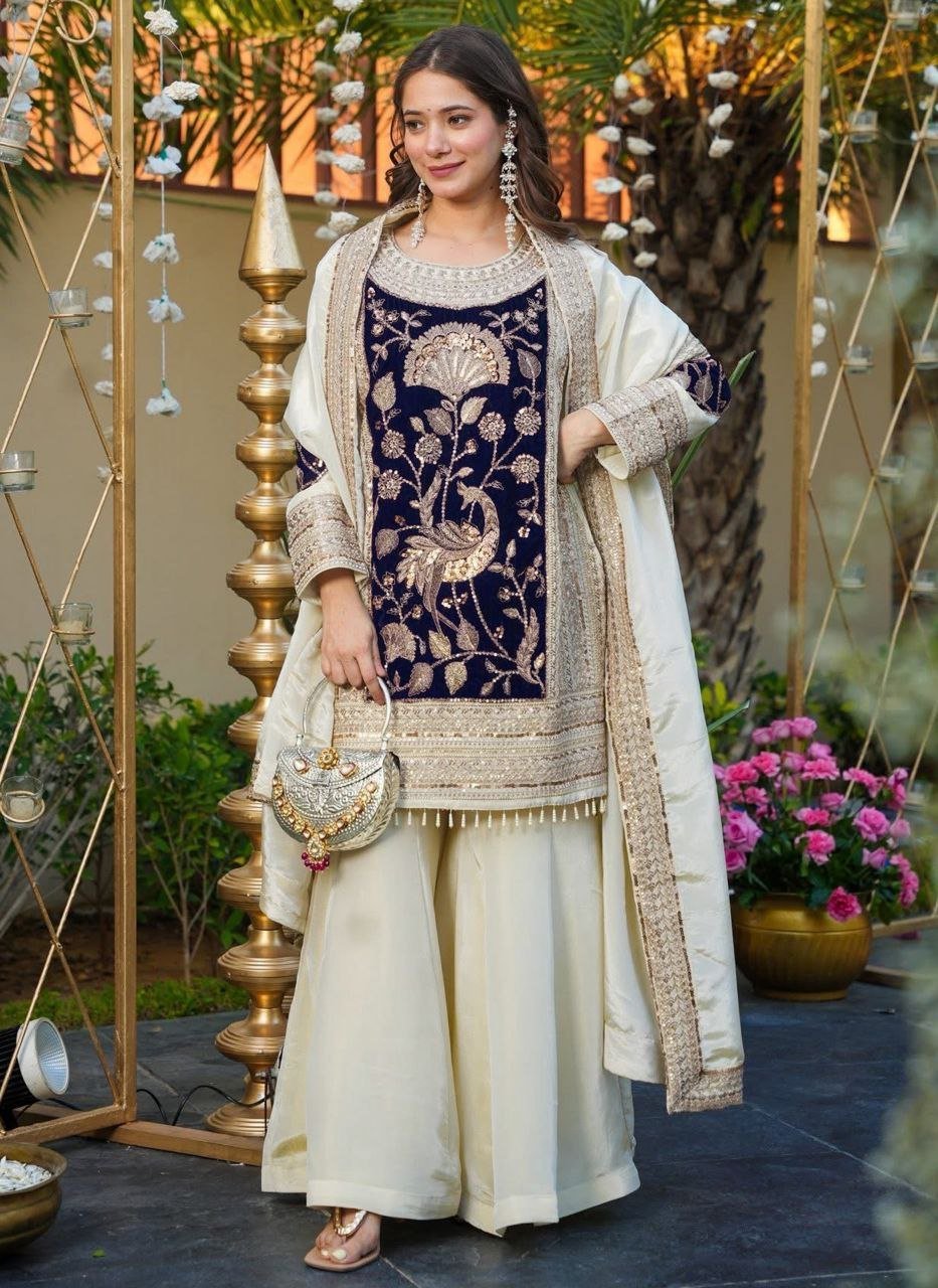 Elegant Sequins Embroidered Velvet & French Crepe Palazzo Suit Set Code-F.D.F.