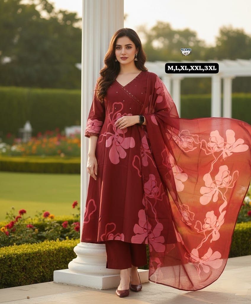 Premium Cotton Embroidered Anarkali Kurta Set Code !! F.B.K.