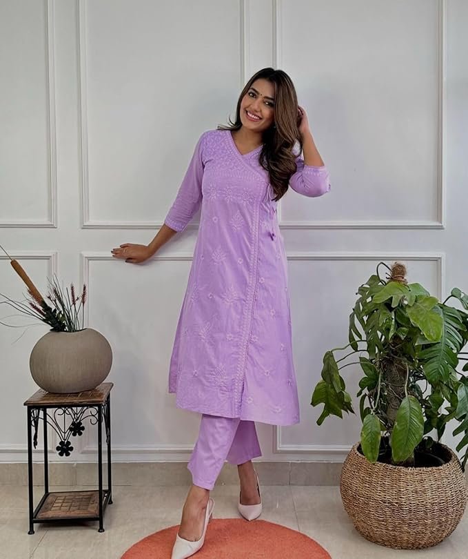 Elegant Thread Embroidered Cotton Angrakha Kurta Set Code !! F.B.K.