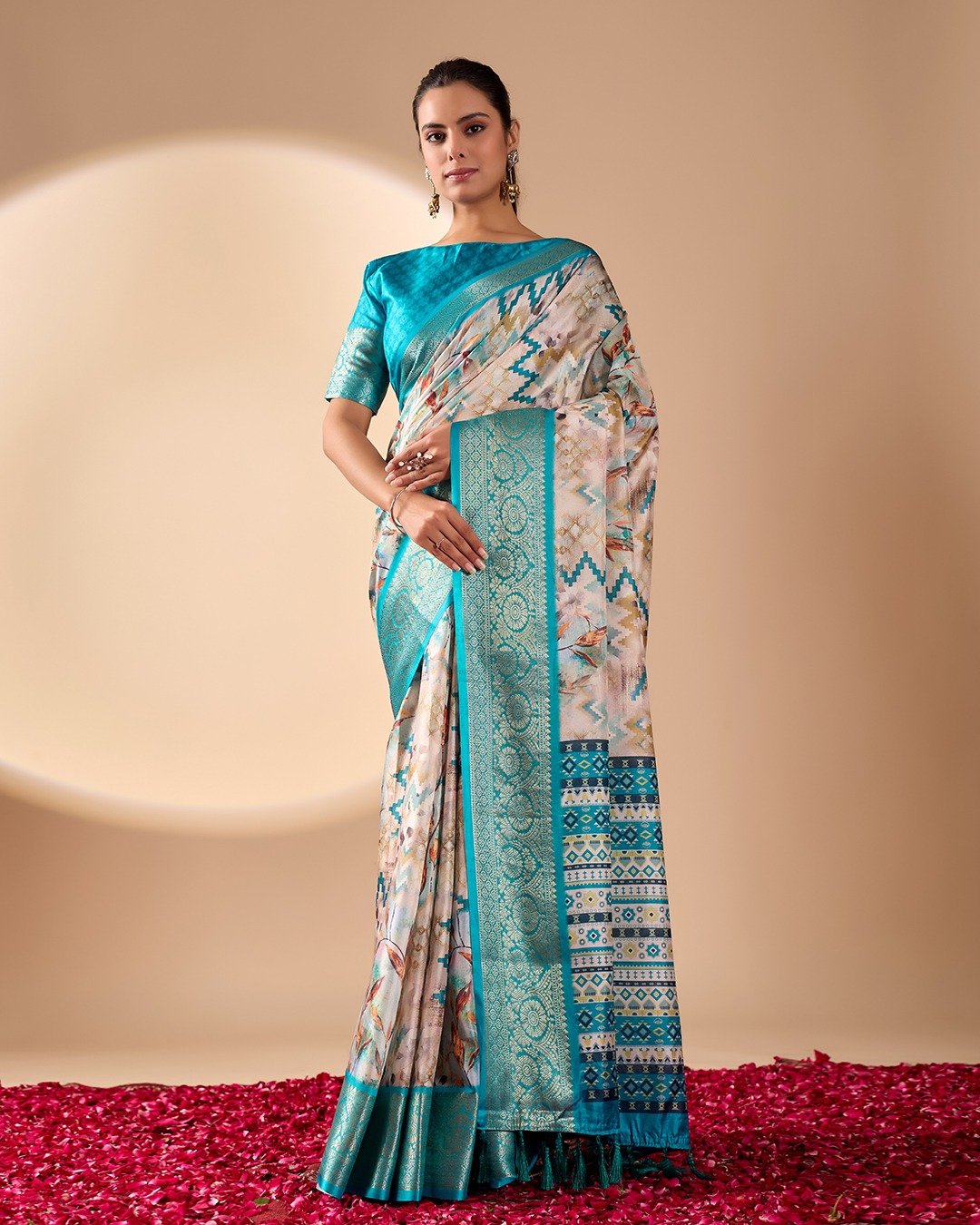 Royal Lichi Silk Saree with Modern Digital Prints and Traditional Zari Border Code !! A. B.S.