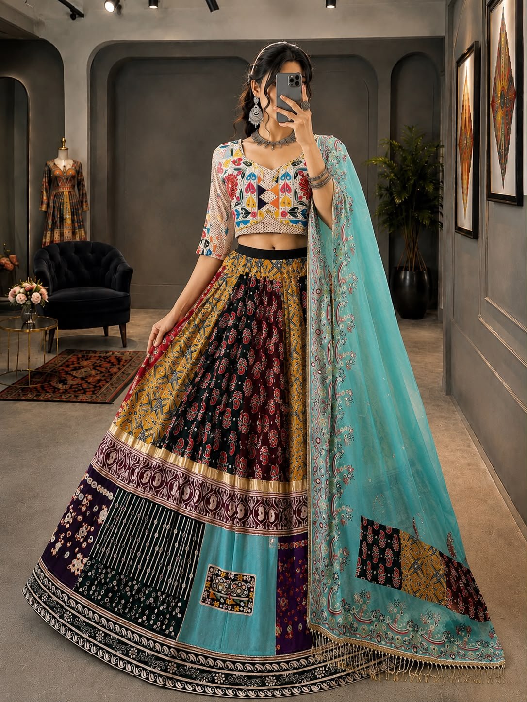 Designer Muslin Cotton Digital Print Lehenga Choli with Real Mirror Work Code !! F.B.S.