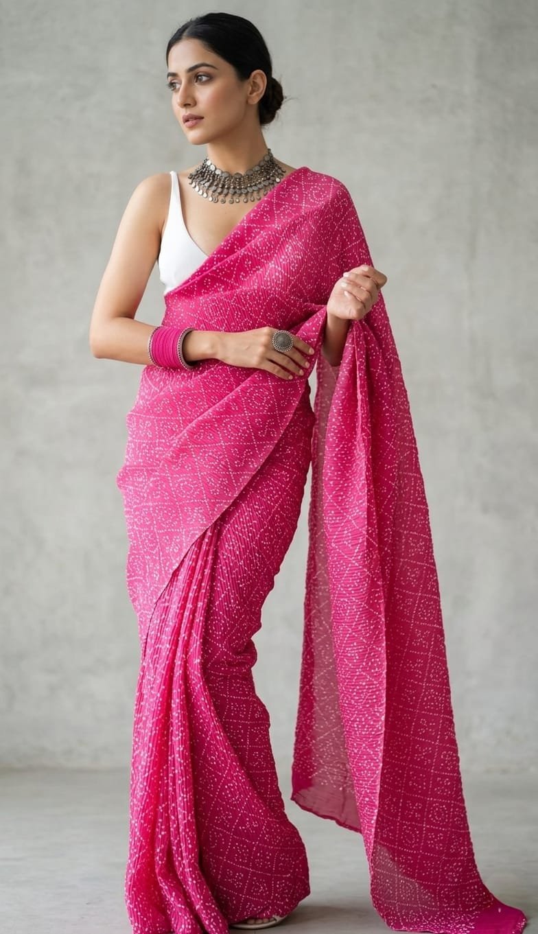 Elegant Bandhej Print Kiwi Crush Saree with Tussar Silk Blouse Code !! F.B.S.
