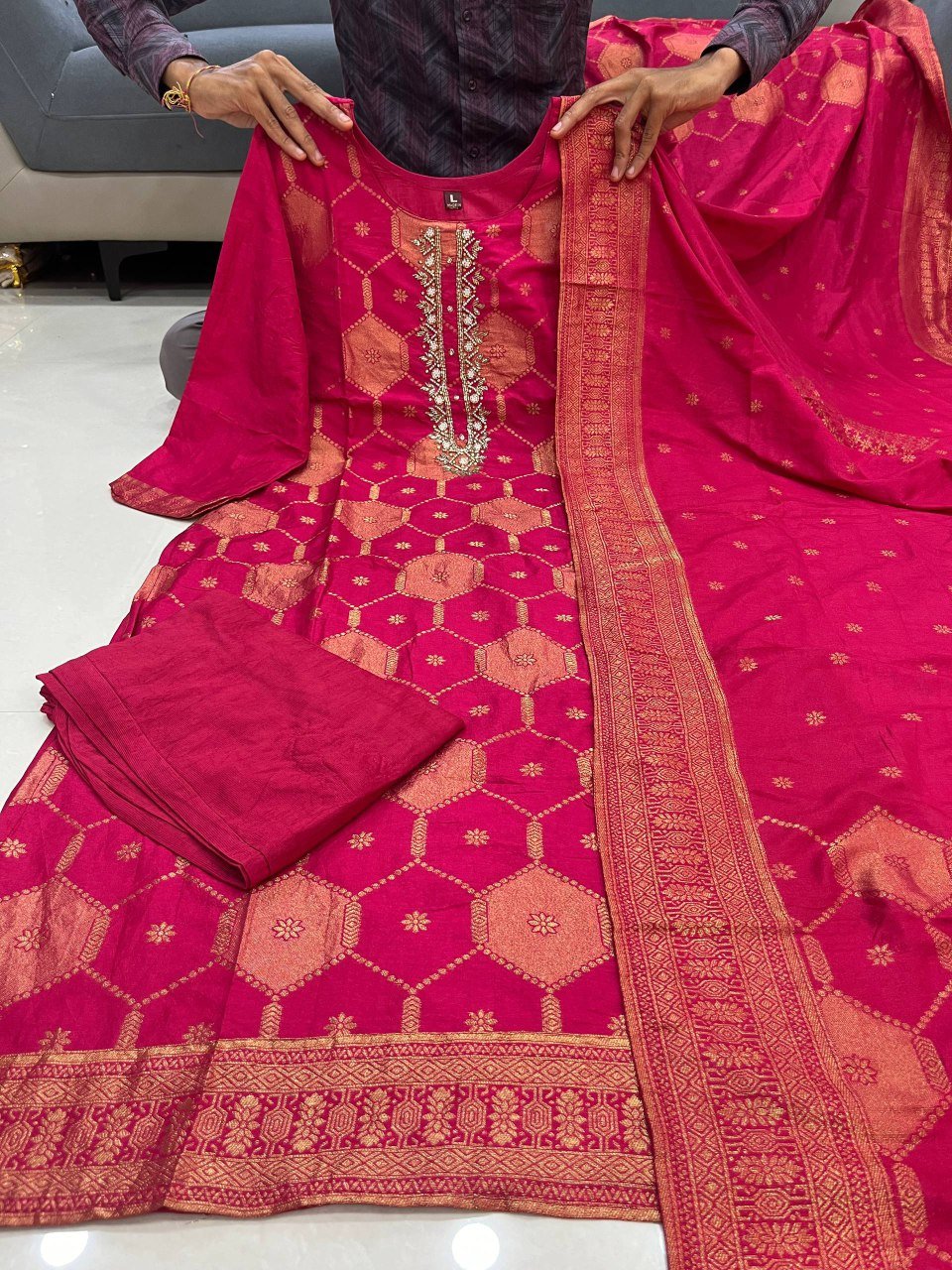 Designer Pure Banarasi Jacquard Weaving Suit Set with Pant & Dupatta Code !! F.B.K.