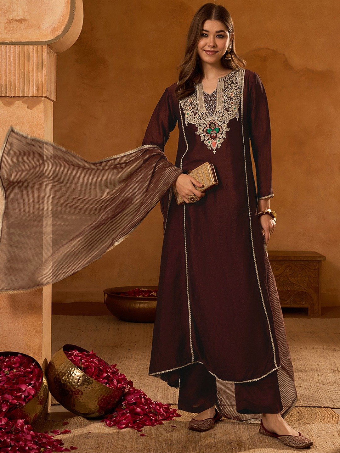 Elegant Coffee Viscose Silk Embroidered A-Line Kurta Set Code !! F.B.K.