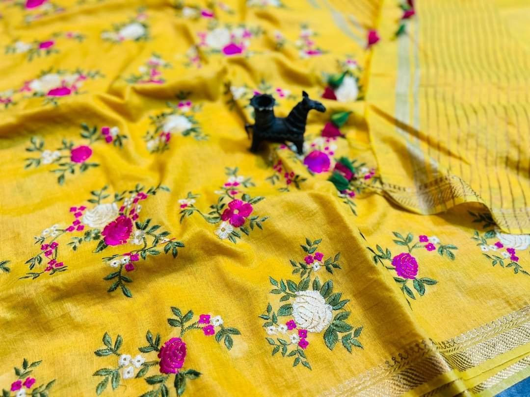 Premium Pure Linen Silk Embroidery Saree with Matching Blouse Code !! K.S.M.