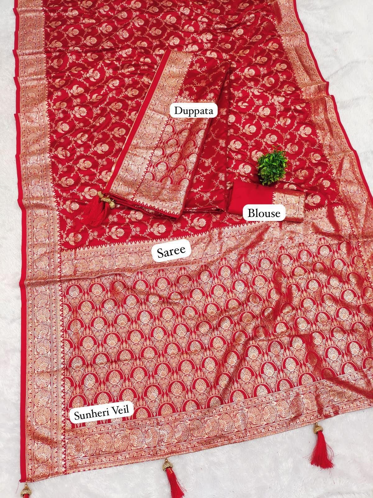 Royal Red Satin Zari Work Saree Ensemble with Dupatta Code !! F.B.S.