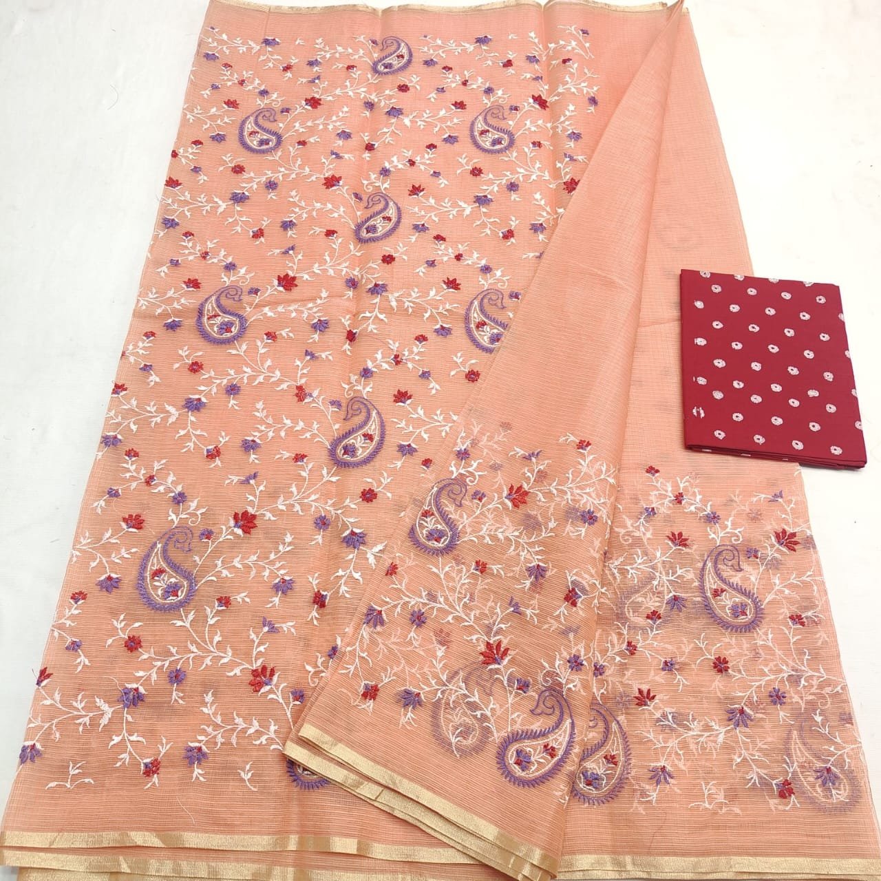 Graceful Kota Doria Mix Cotton Computerized Embroidery Saree with Matching Blouse Code !! K.S.M.