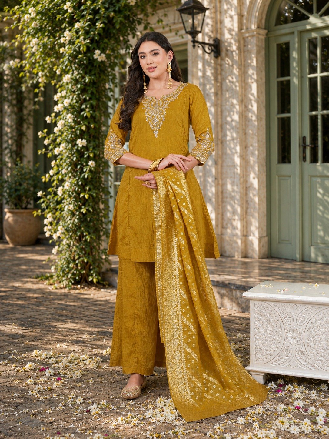 Exquisite Embroidered Silk Straight Kurta with Sharara & Dupatta Set Code !! F.B.S.S.