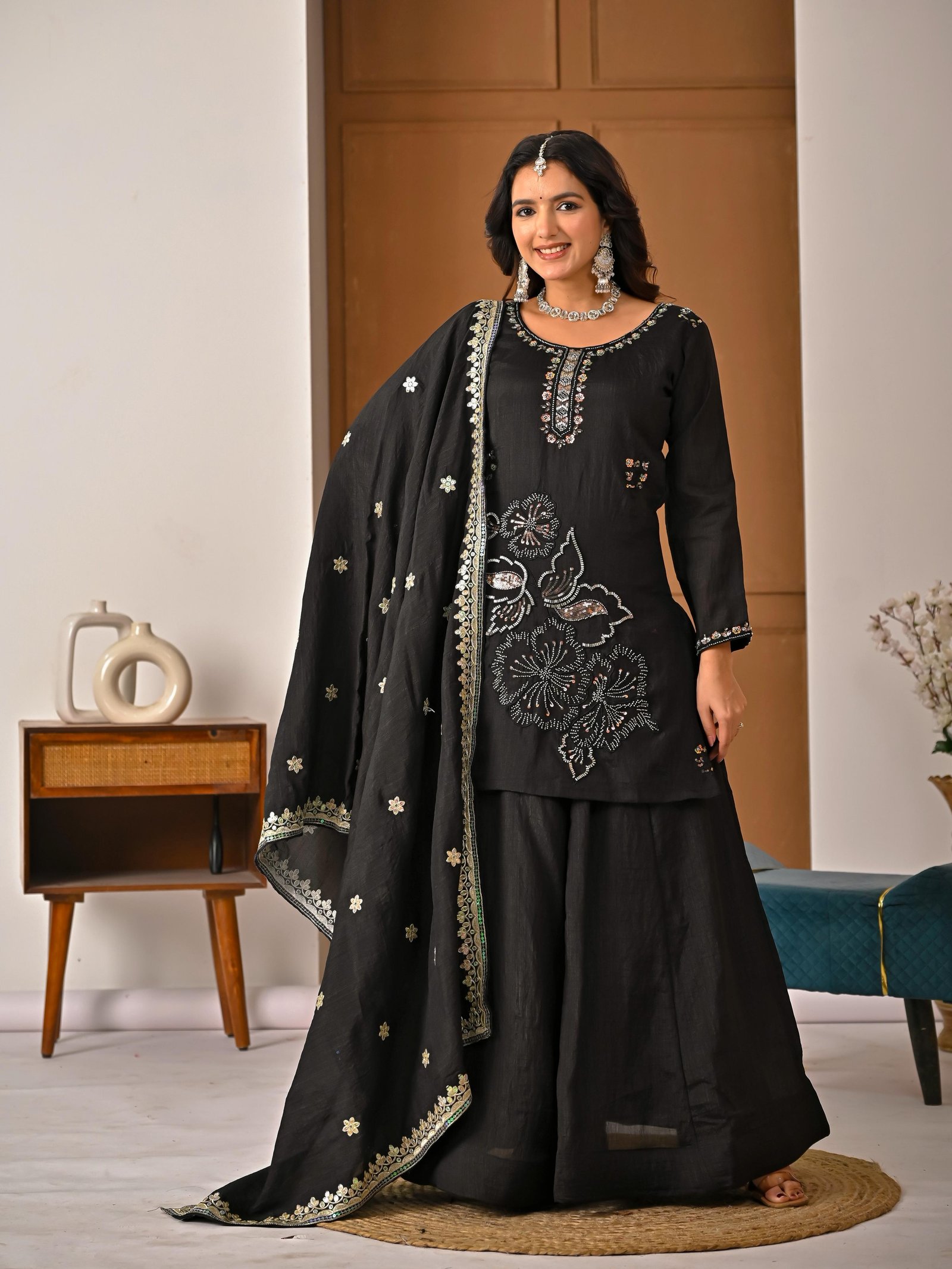 Elegant Hand-Embellished Vichitra Silk Sharara Set Code !! F.B.S.S