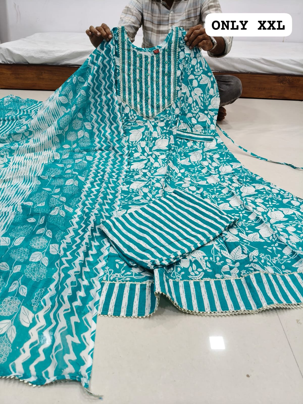 Premium Pure Cotton Anarkali Kurti, Pant, and Dupatta Set Code!! F.B.K.
