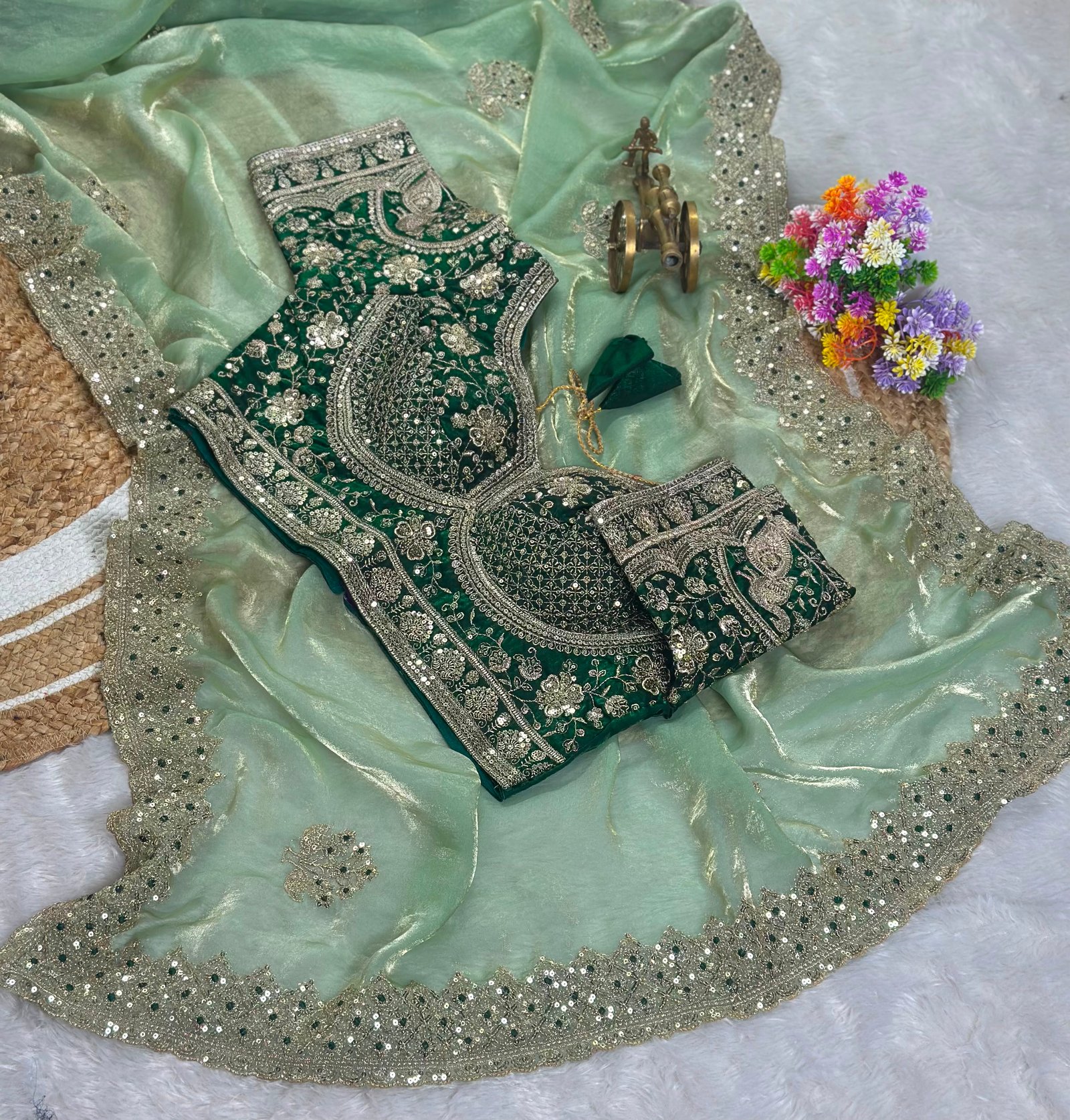 Embroidered Fandy Satin Saree with Sequence Work Code !! F.B.S.