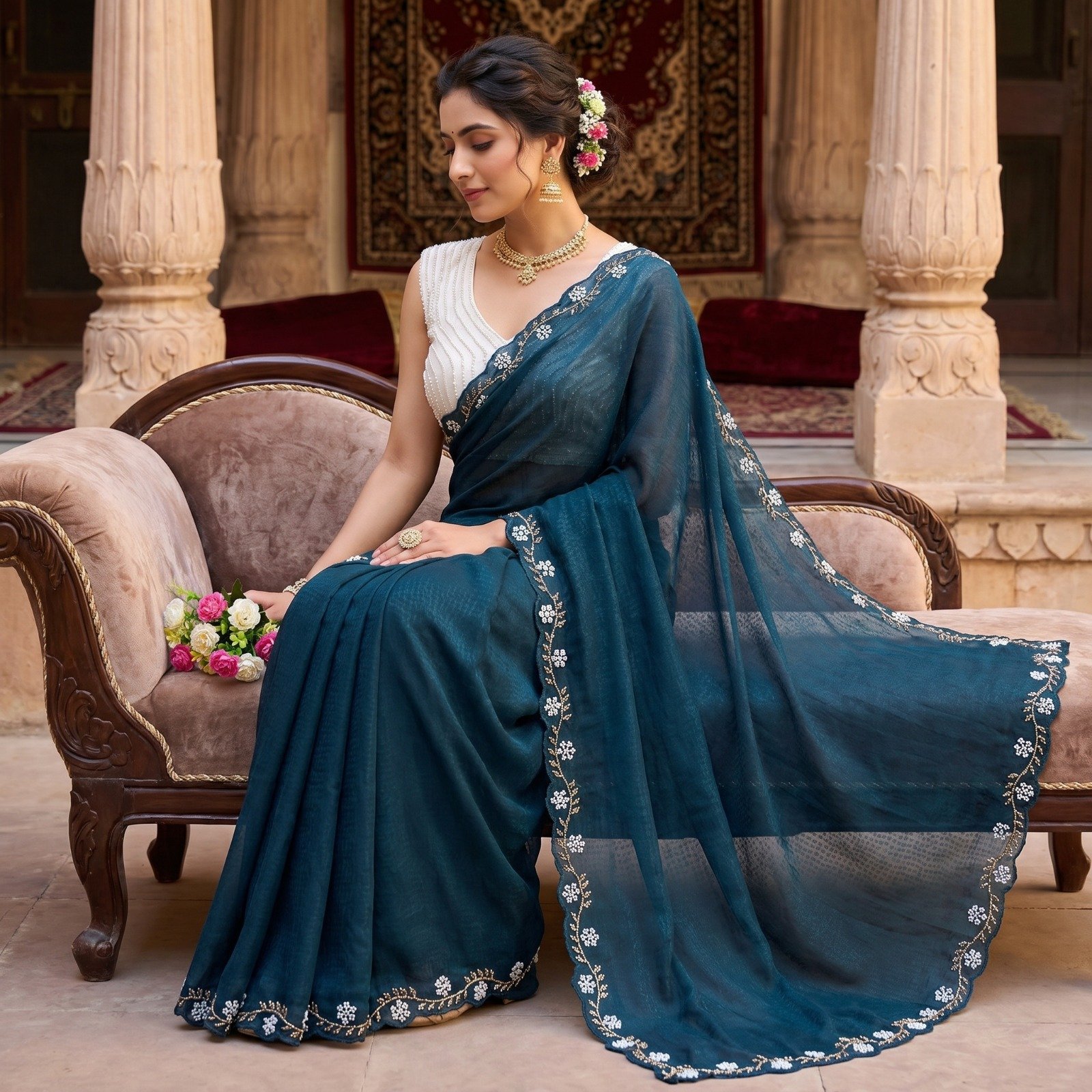 Elegant Space Silk Saree with Rose Gold Beads and Pearl Work Code !! F.B.S. 