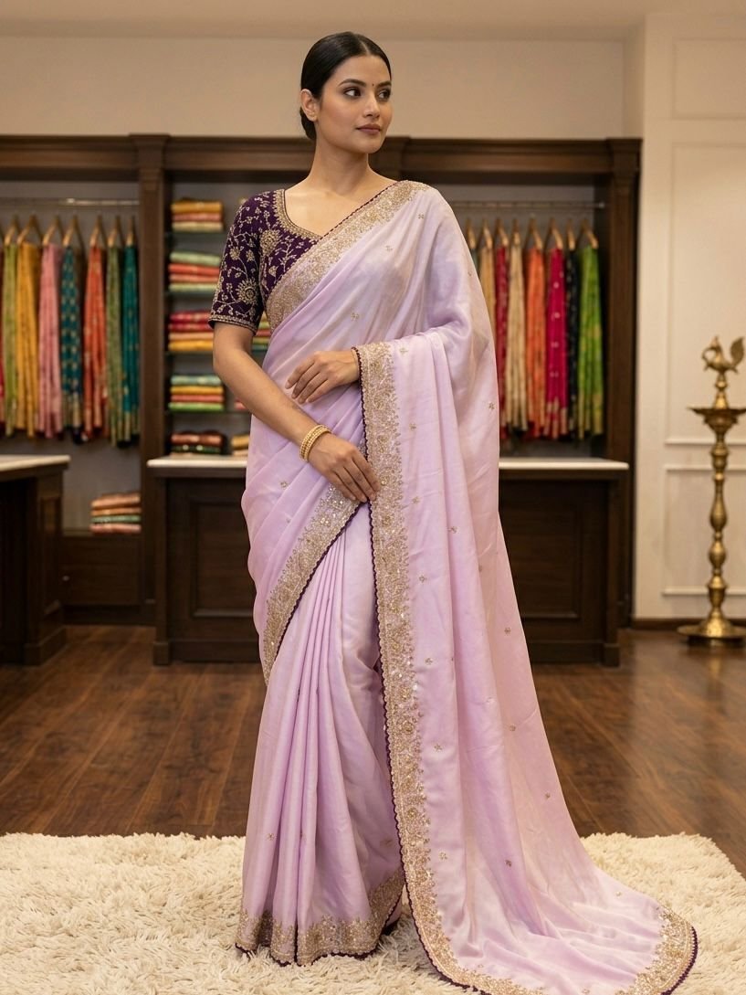 Elegant Lavender Rangoli Silk Saree with Contrast Embroidered Blouse Code !! F.B.S.