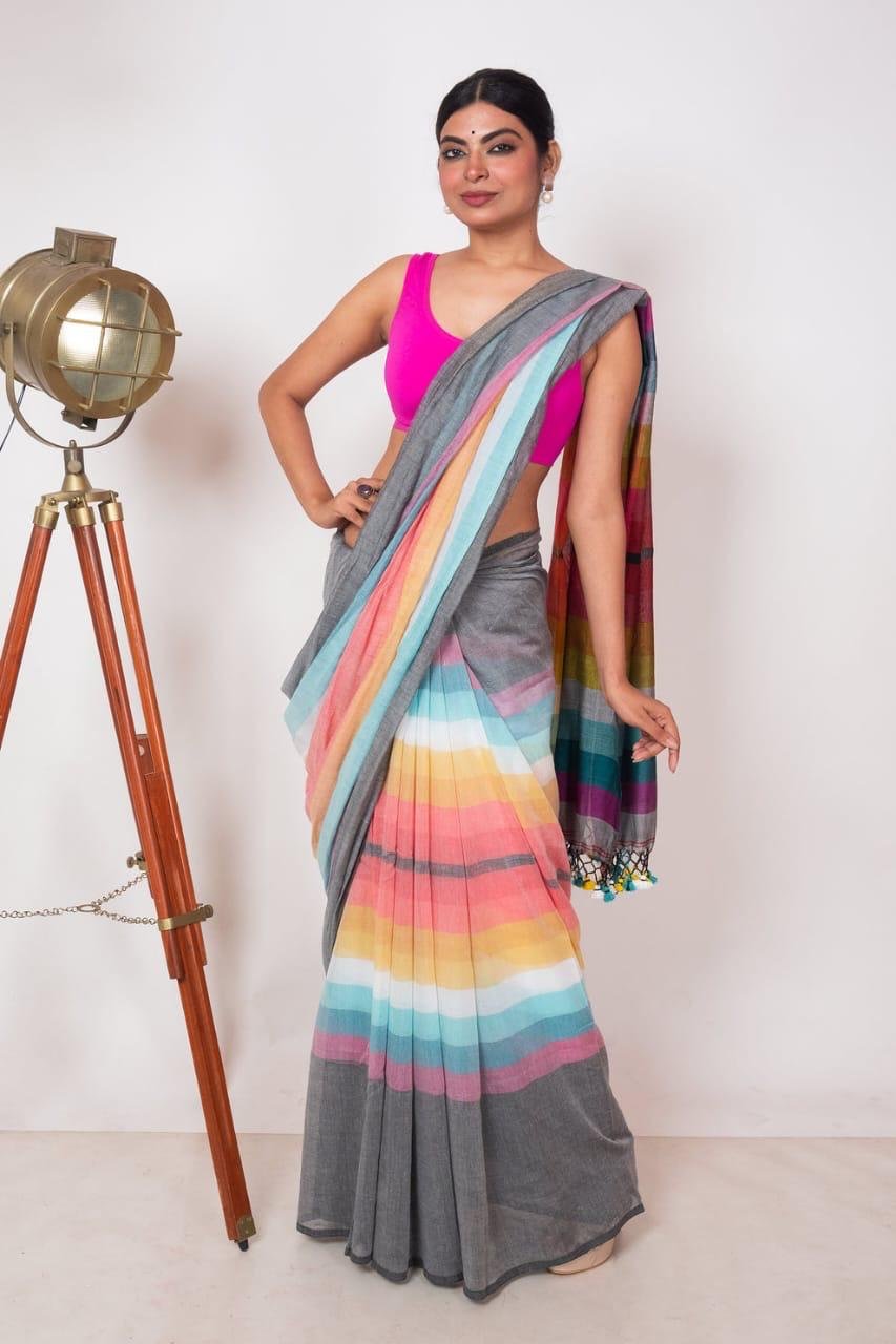 Vibrant Khadi Cotton Rainbow Saree (Code: T.T.G.C.)