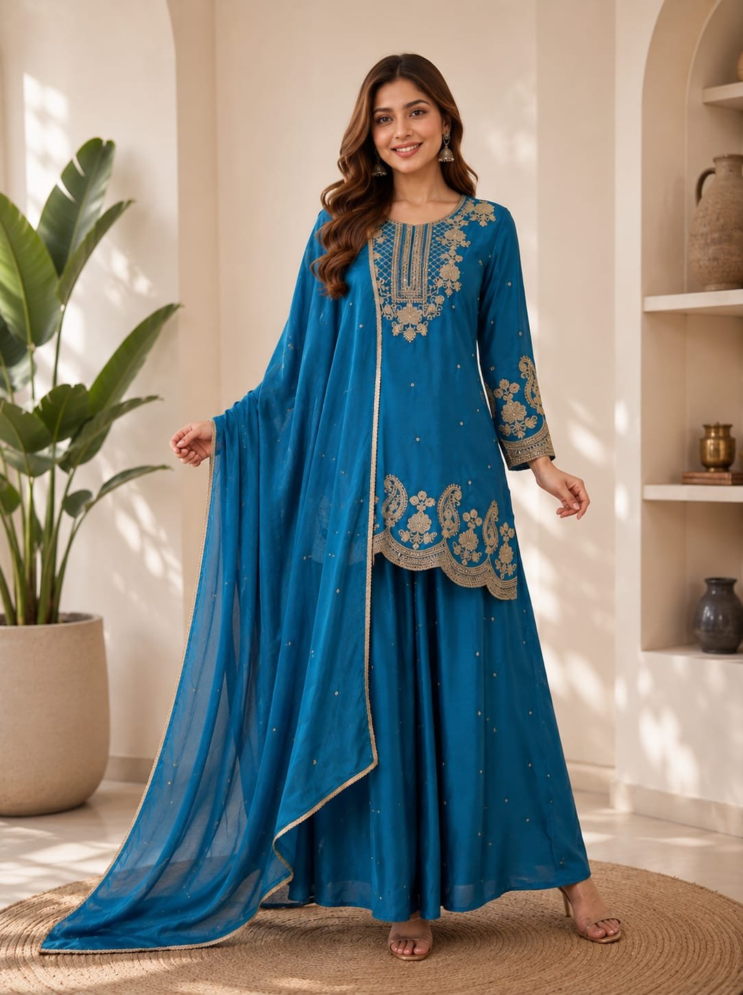 Elegant Chinon Embroidered Top with Rangoli Crush Palazzo Set Code :- F.B.S.S.