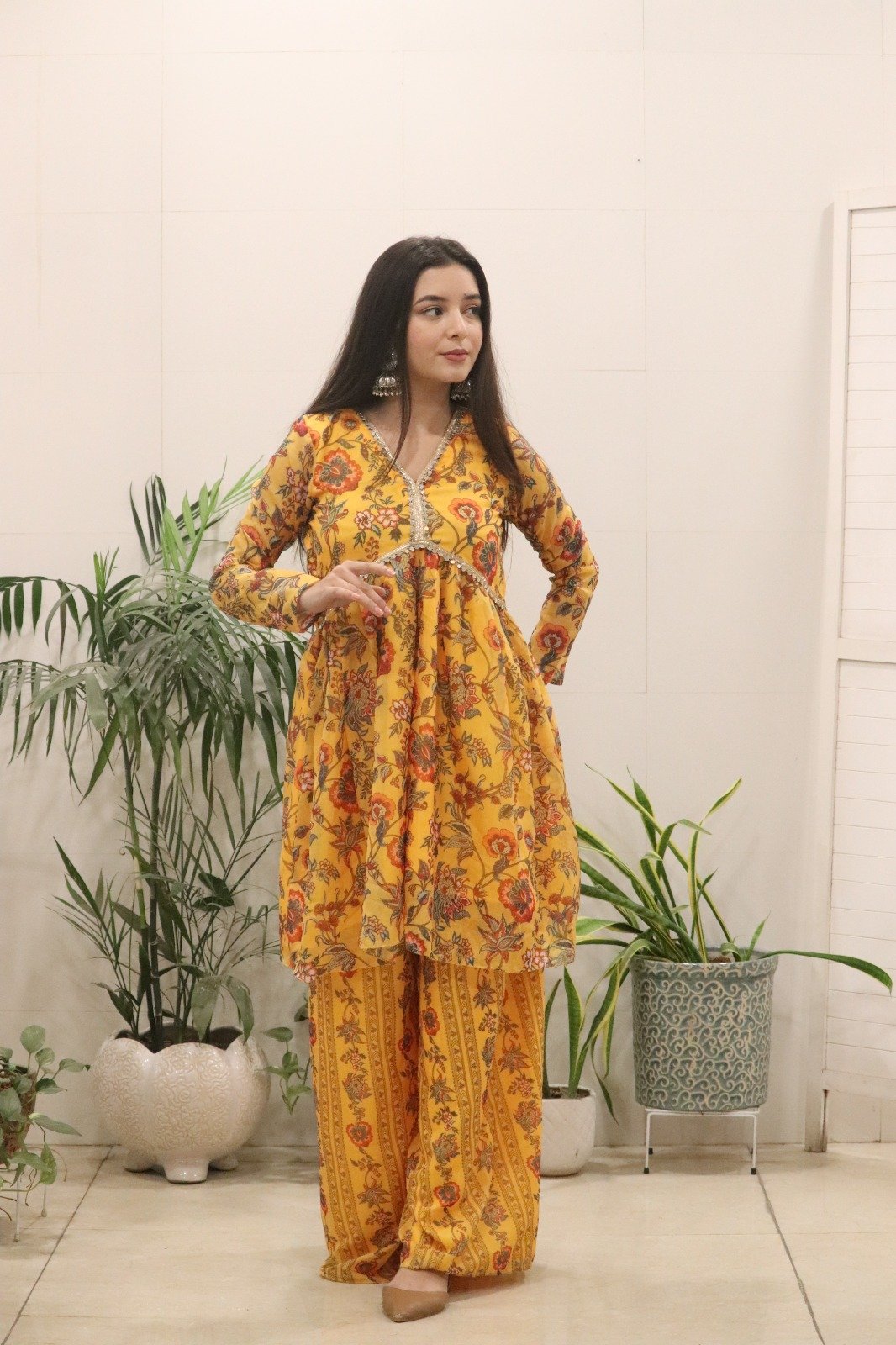 Elegant Mustard Yellow Floral Printed Organza Silk Kurti and Palazzo Set Code !! K& R