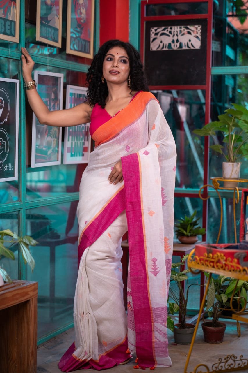 Premium Handloom Linen by Linen Saree with Geometric Motifs Code !! T.T.G.C.