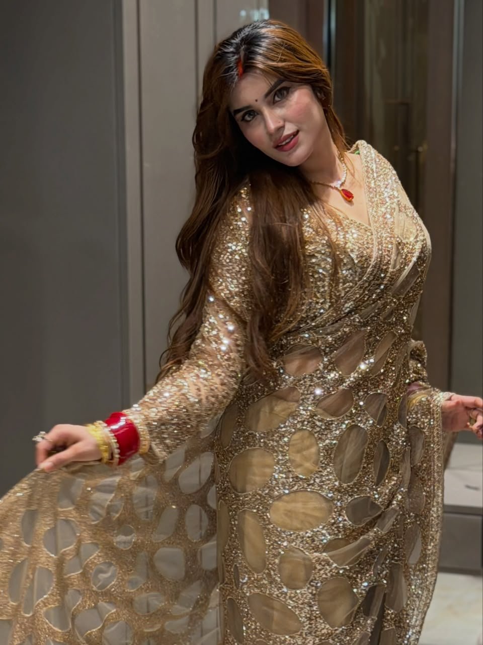 Glamorous Golden Sequin and Bead-Embellished Net Celebrity Saree Code !! F.B.S.