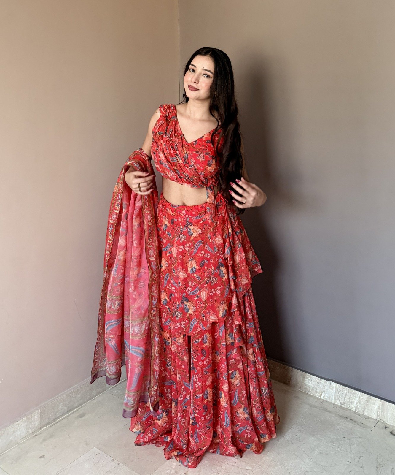 Elegant Floral Printed Pure Organza Lehenga Set – Red Festive Ensemble Code !! K.&.R.