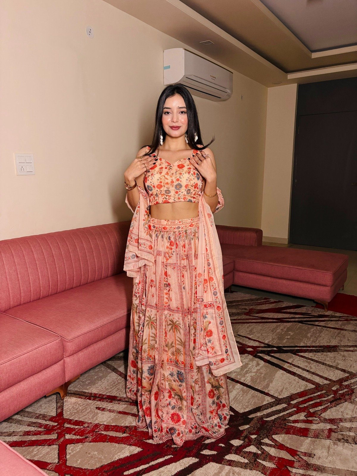 Elegant Pastel Floral Digital Print Pure Organza Lehenga Set Code !! K&R.