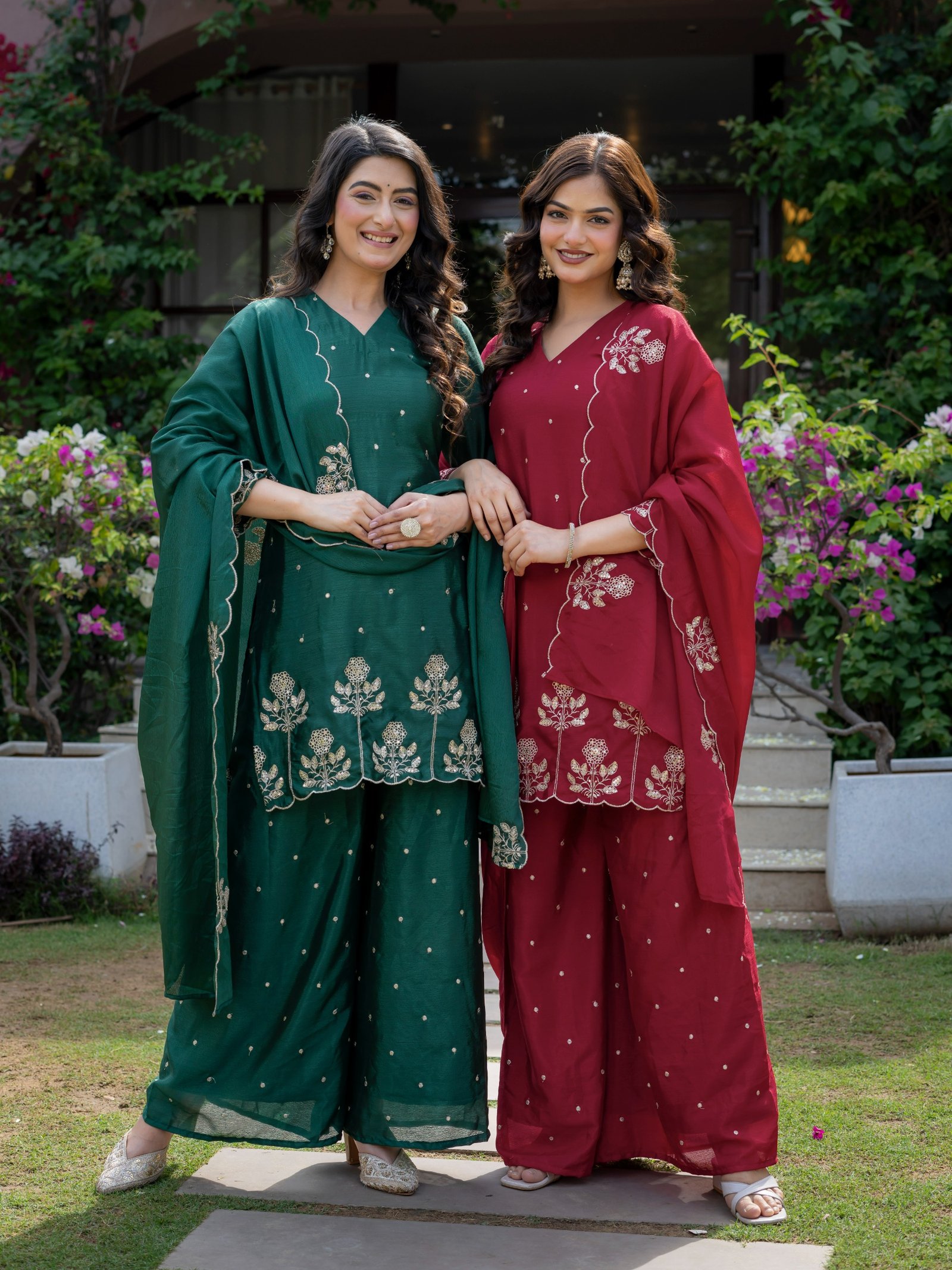 Premium Chinnon Embroidered Kurti, Pant, and Dupatta Set Code !! K.& R. 