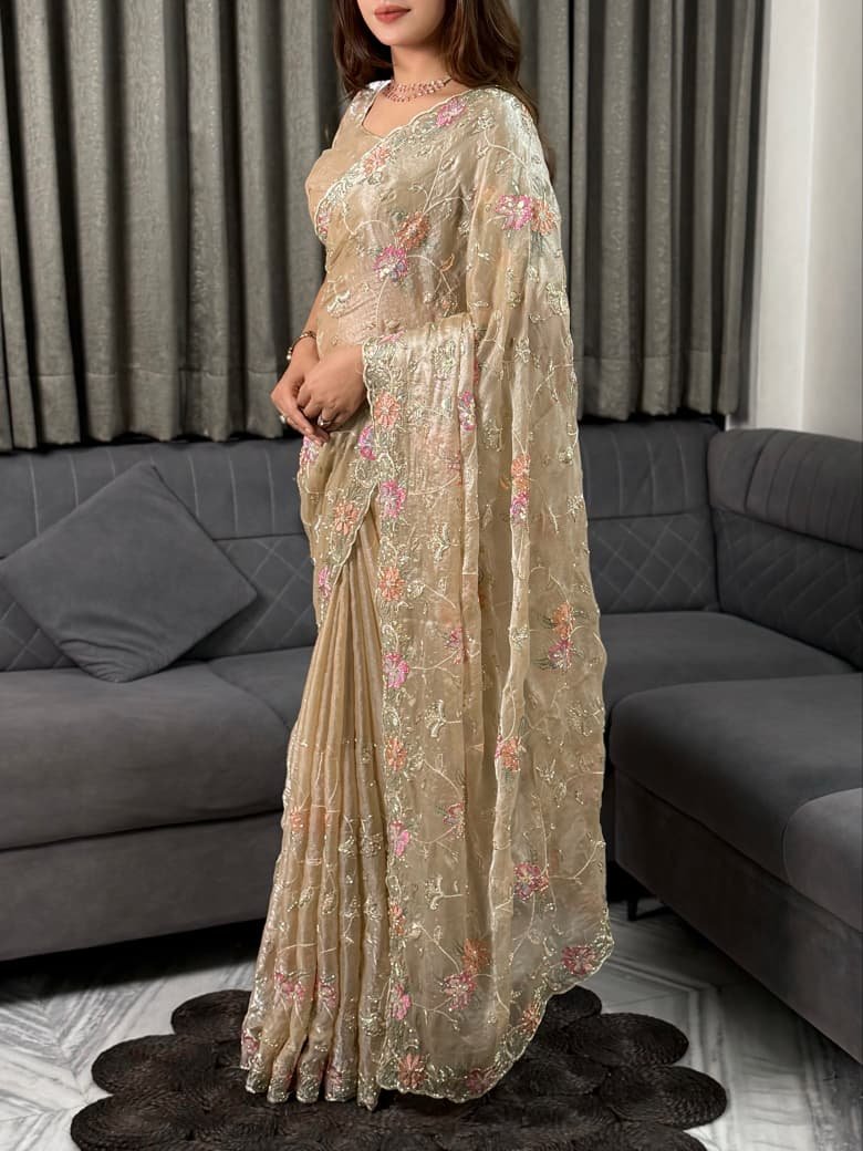 Elegant Two-Tone Fendy Satin Partywear Saree with Heavy Sequins and Beads Embroidery Code !! F.B.S.