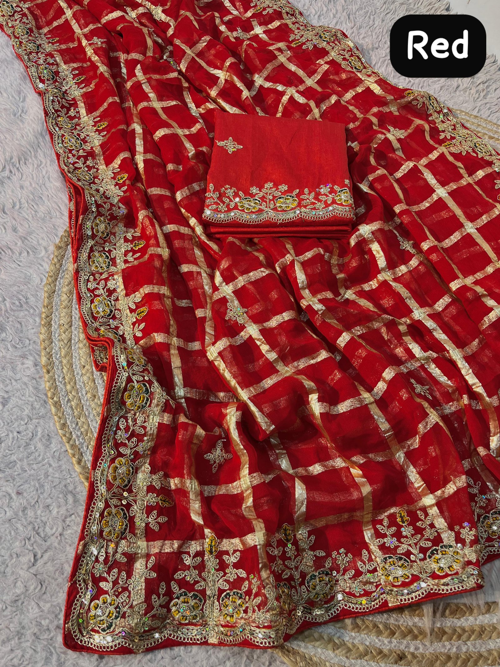 Premium Soft Viscose Checks Silk Saree with Heavy Embroidery Code !! F B.S.