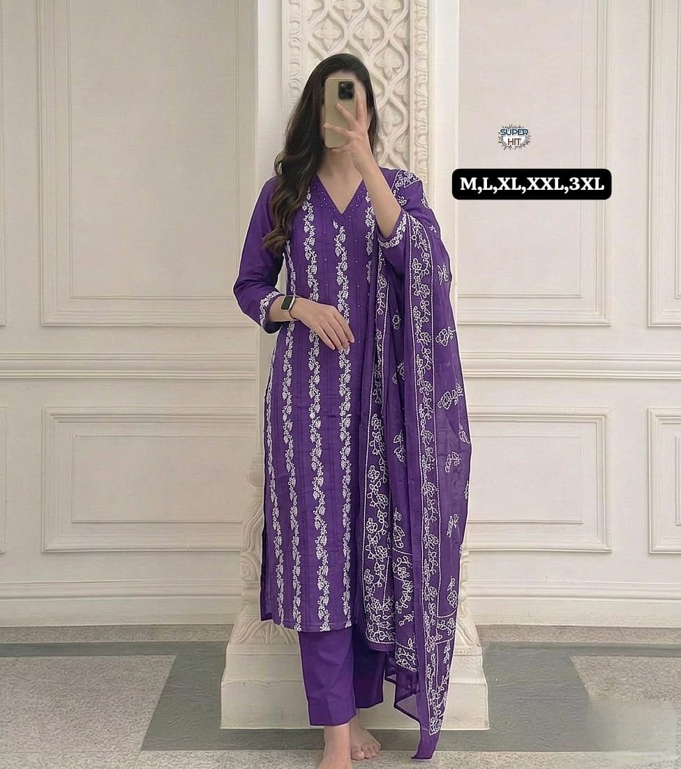 Premium Embroidered Cotton Kurta Set with Malmal Dupatta Code !! F.B.K.