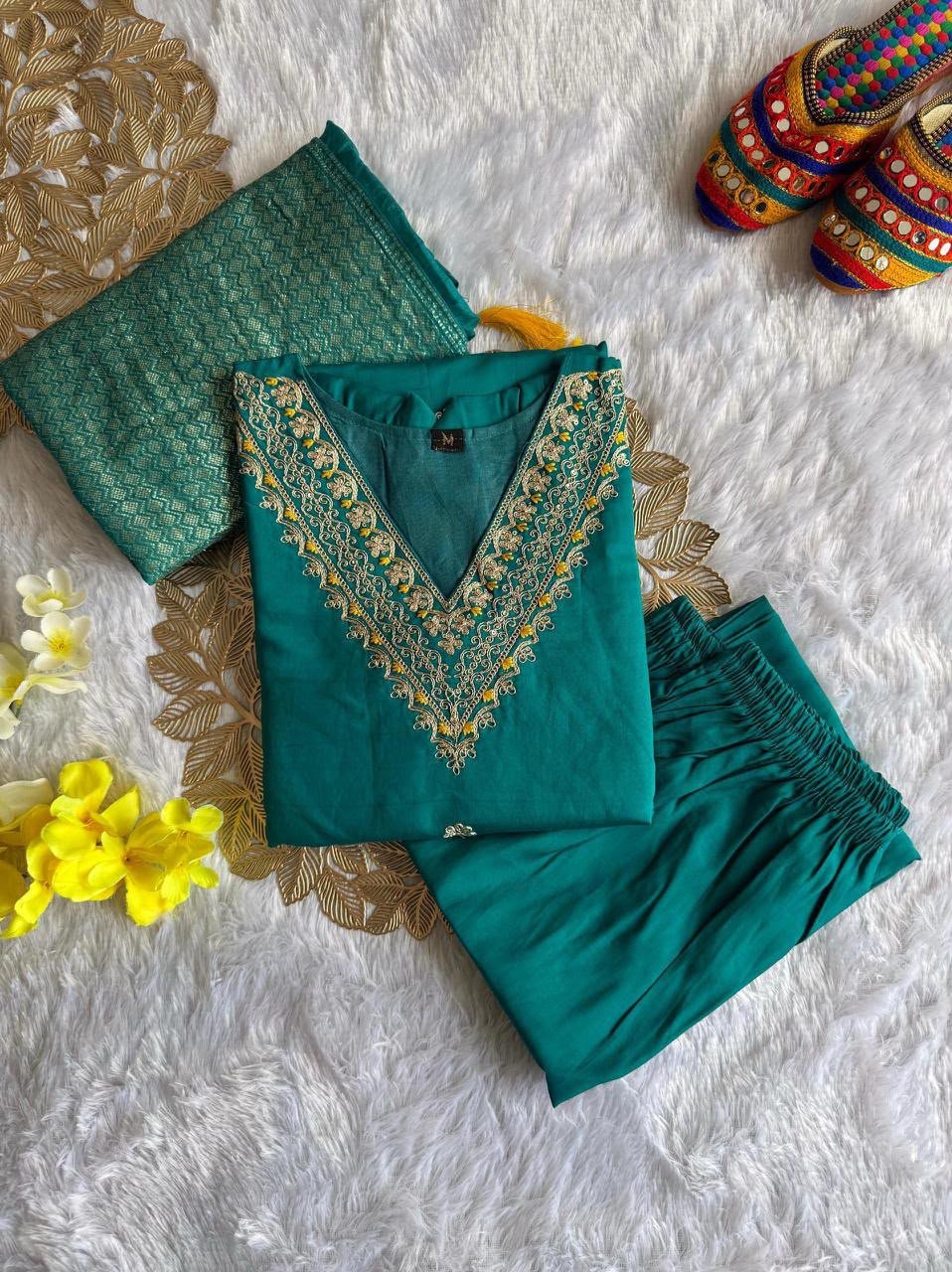 Elegant Roman Silk Embroidered Kurta Set with Cotton Silk Dupatta Code !! F.B.K.