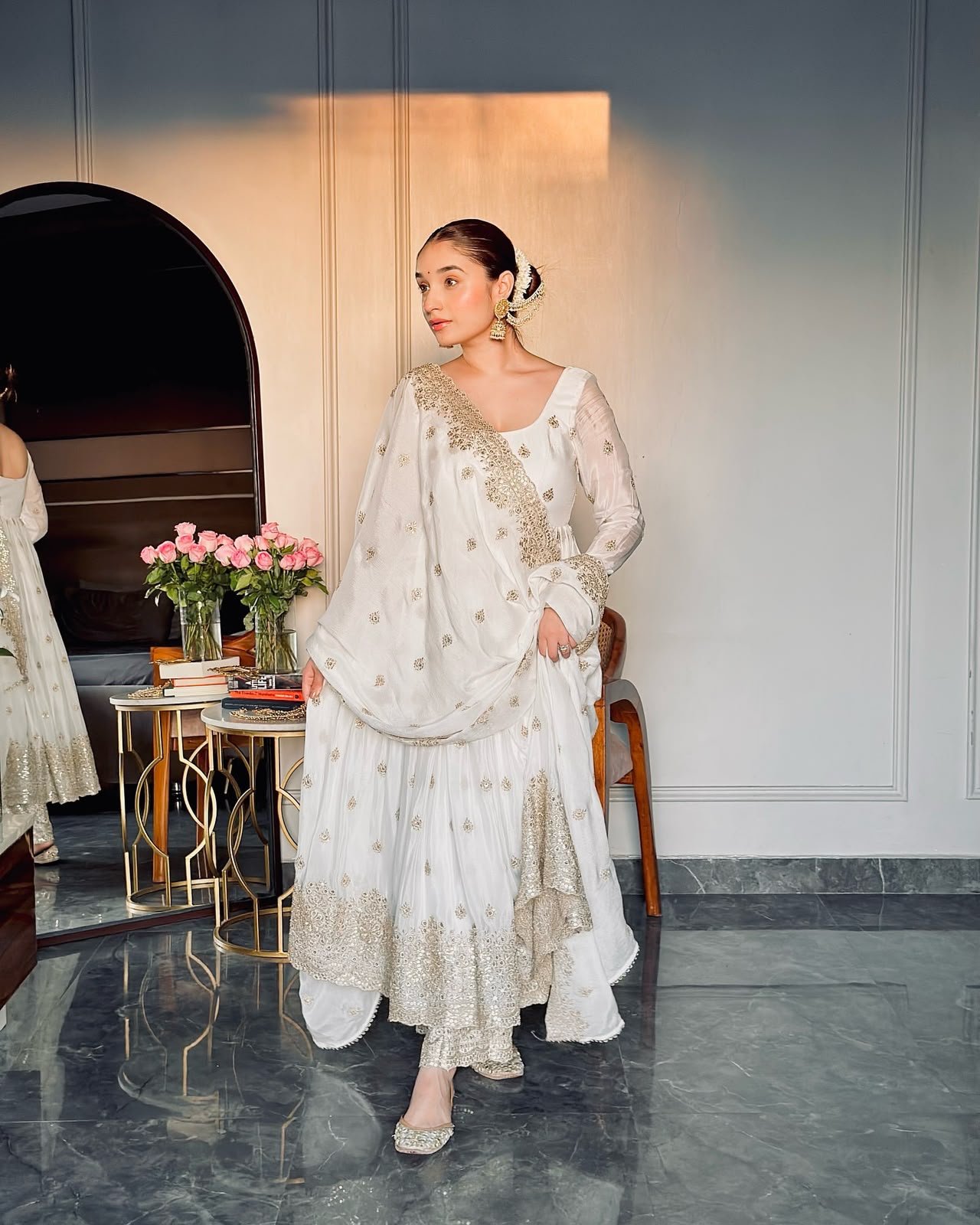Elegant Pure Chinon Silk Embroidered Gown Set with Matching Pants and Dupatta Code !! F.B.S.S.