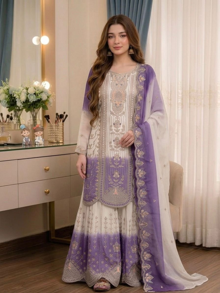Elegant Dual-Tone Embroidered Georgette Palazzo Suit Set Code !! F.B.S.S.