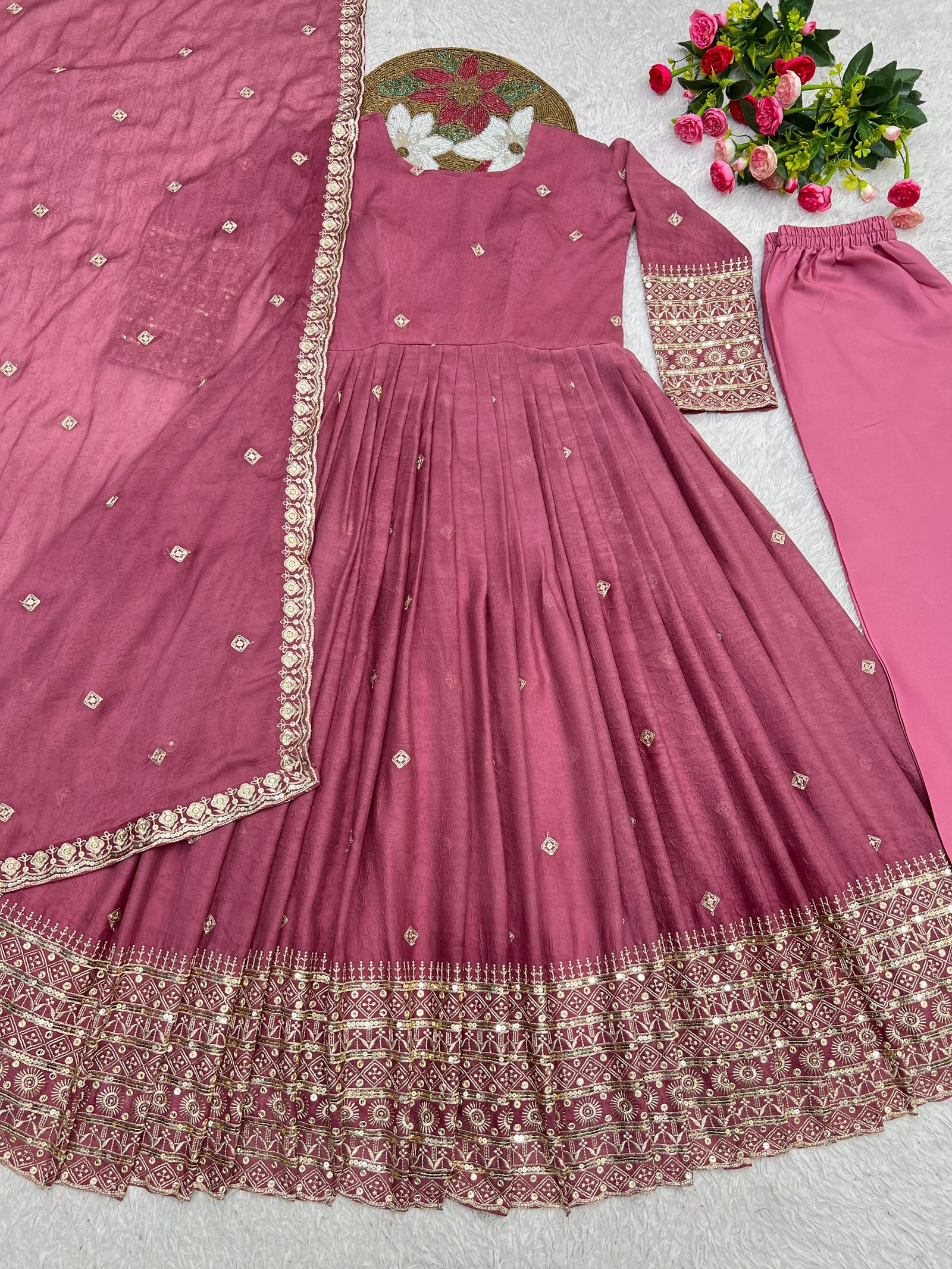 Elegant Rangoli Crush Silk Anarkali Gown Set with Embroidery and Sequence Work Code !! F.B.S.S.