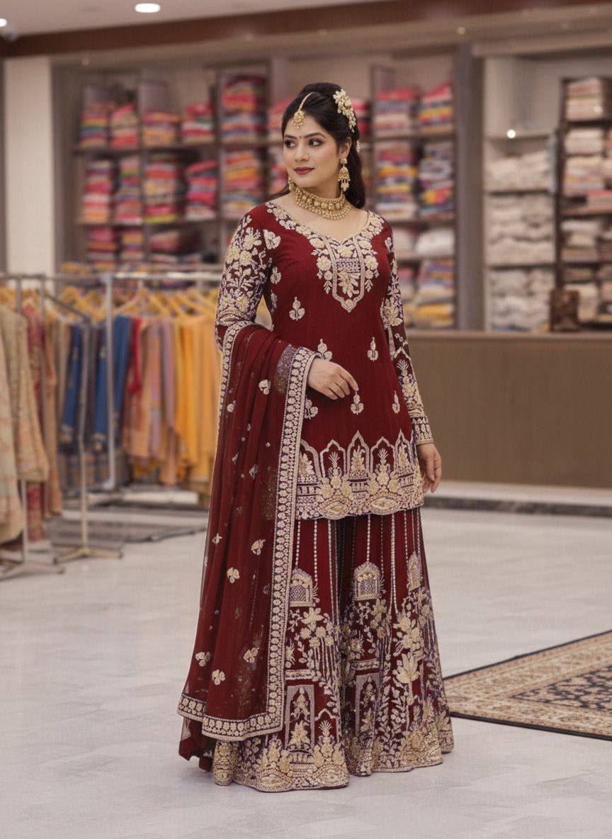 Exquisite Faux Georgette Embroidered Kurti & Flared Palazzo Set