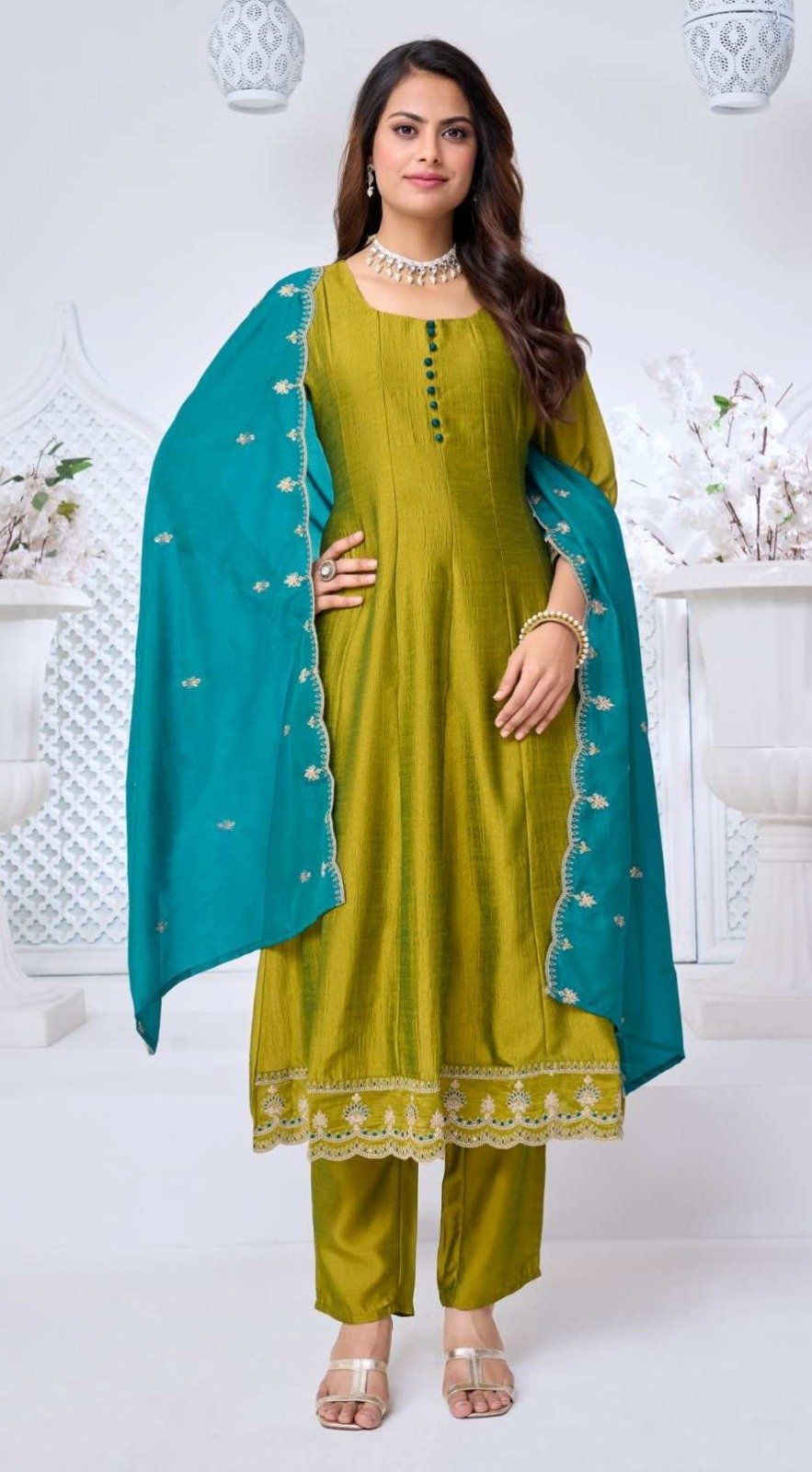 Elegant Vichitra Silk Anarkali Set with Embroidered Dupatta Code !! F.B.S.S.