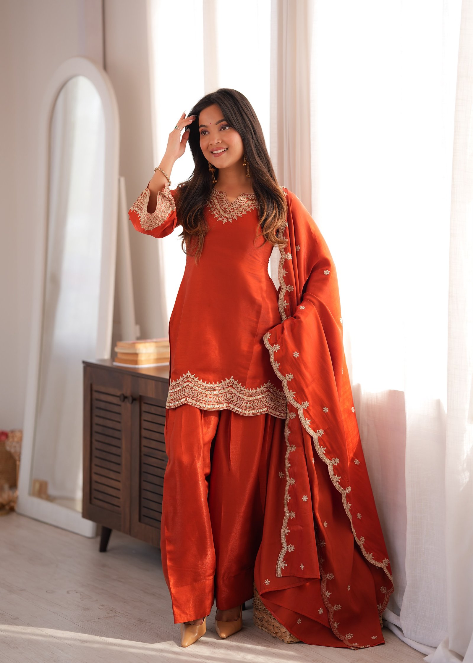 Elegant Glass Roman Silk Kurta Set with Embroidered Farshi Shalwar and Dupatta Code !! F.B.S.S. 