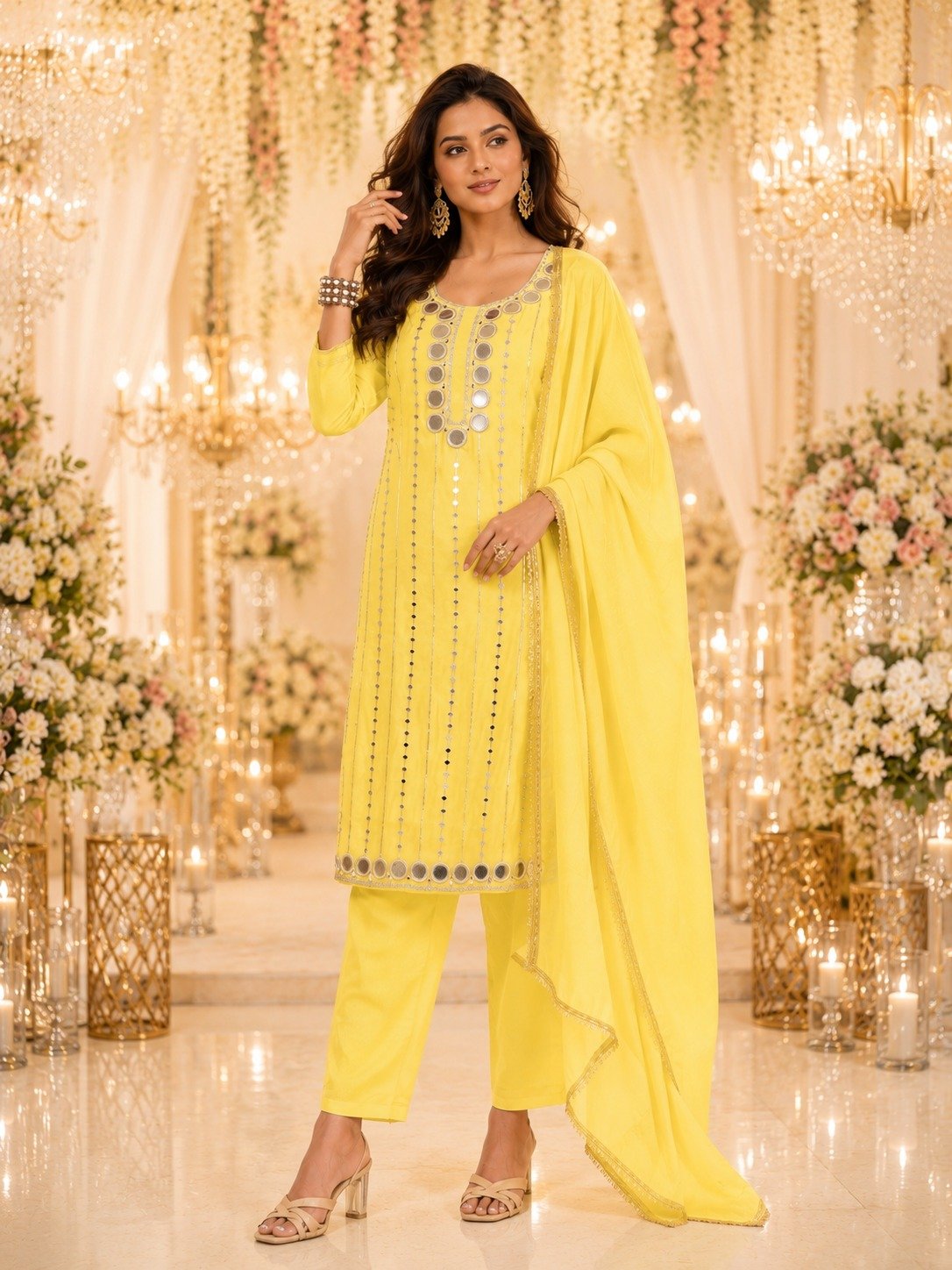 Radiant Yellow Mal Chanderi Kurti Set with Original Mirror Work Code !! F.B.S.S.