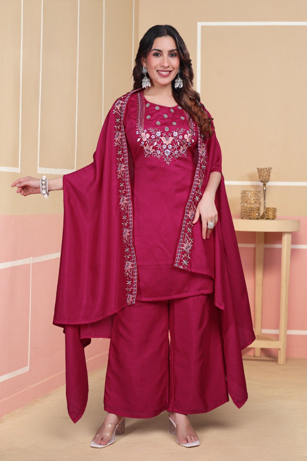 Elegant Embroidered Vichitra Silk Straight-Fit Kurta Set with Palazzo Code !! F.B.S.S.