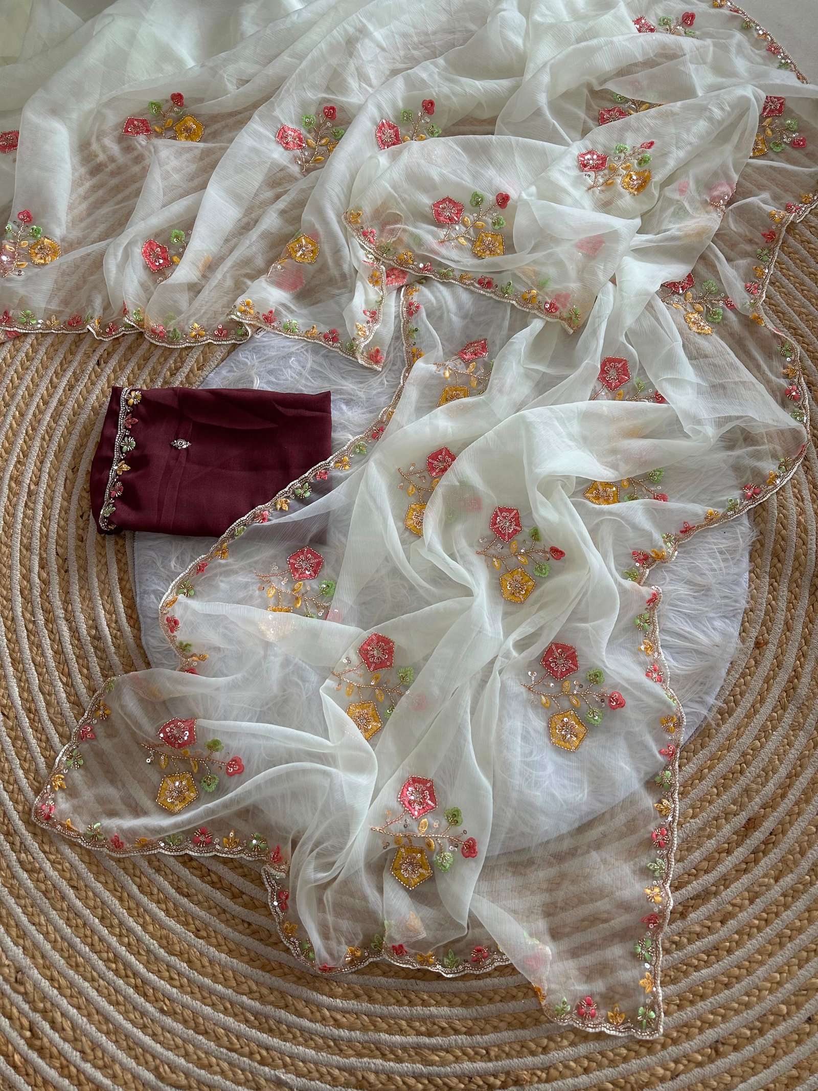 Elegant Floral Embroidered Soft Chiffon Silk Saree with Galaxy Satin Blouse Code !! F.B.S.
