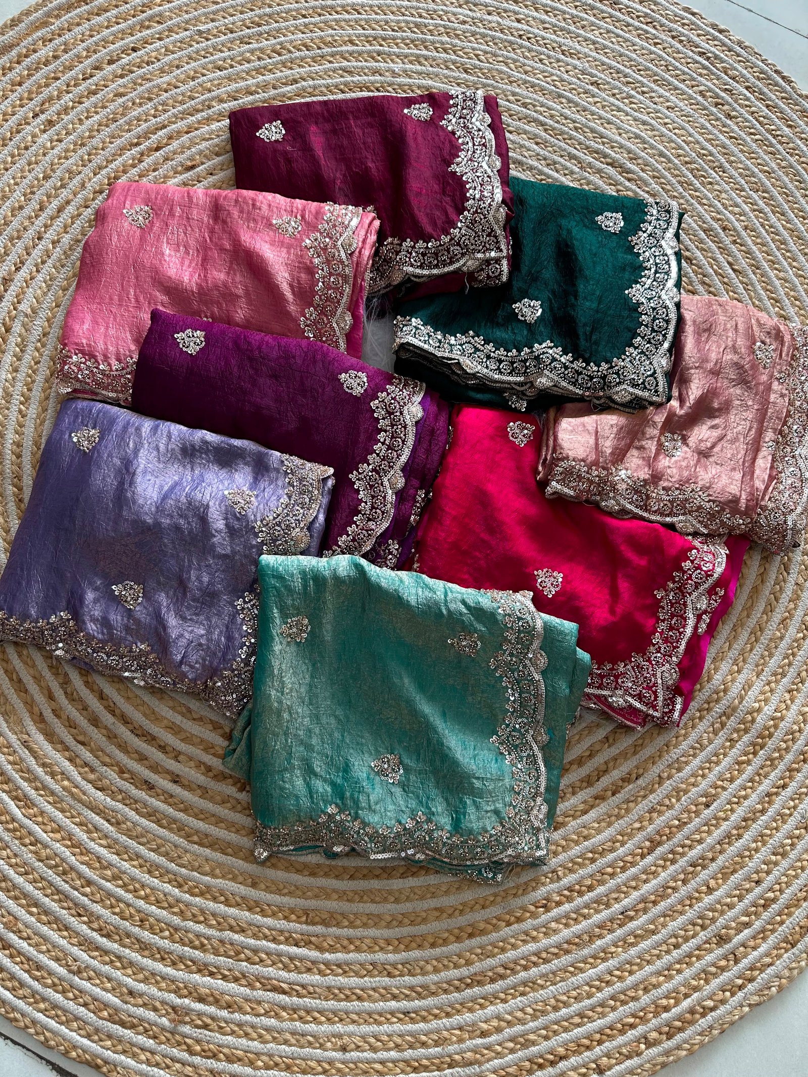 Rajgharana Premium Crushed Shimmer Silk Saree with Heavy Scalloped Embroidery Code!! F.B.S.