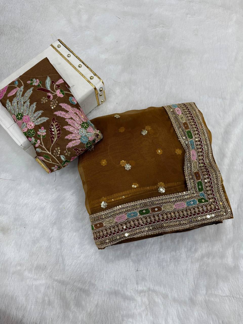 Gulmor Organza Silk Saree with Multi-Thread Embroidered Border and Embellished Blouse Code !! F.B.S.