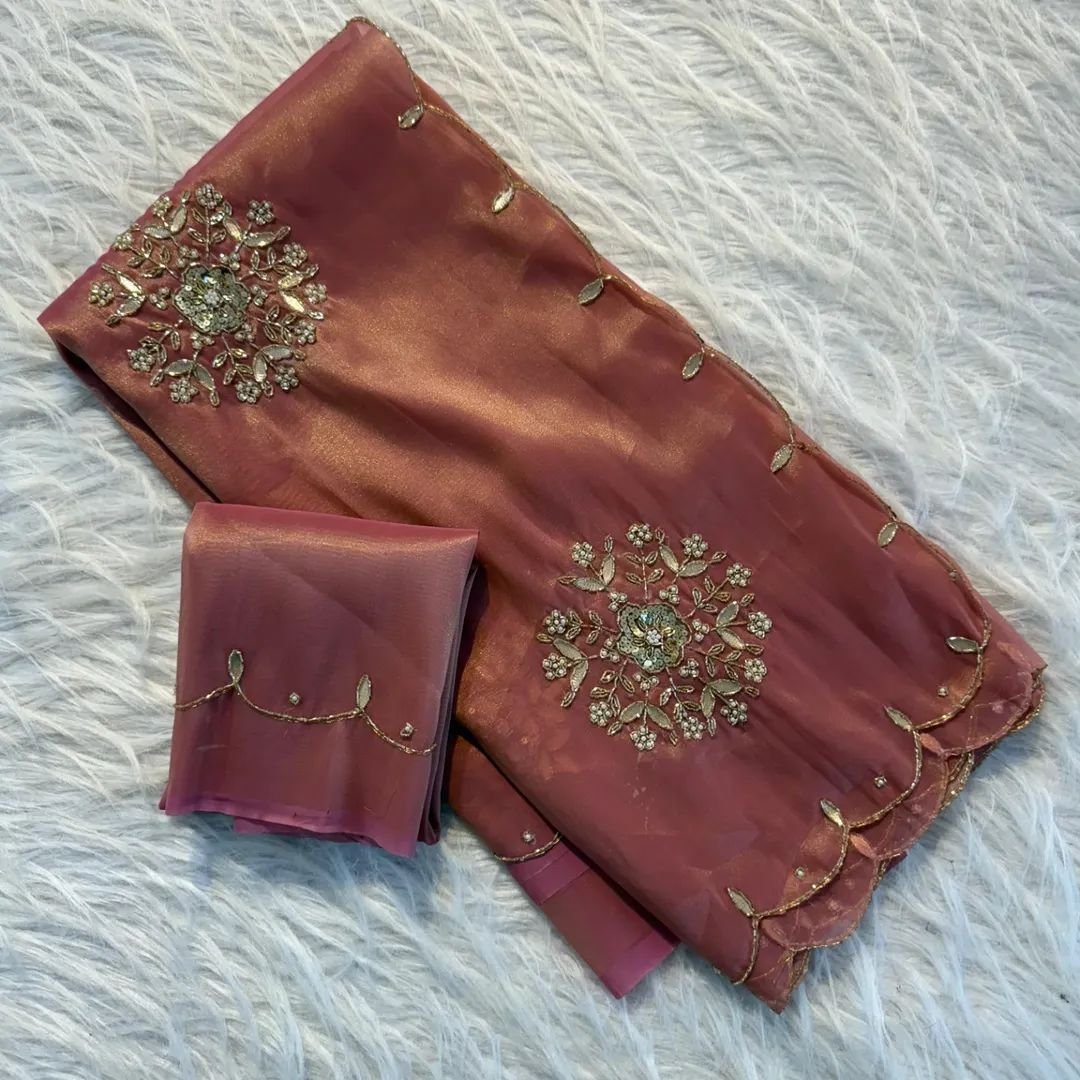 Elegant Two-Tone Tissue Silk Saree with Handcrafted Moti, Gota Patti, and Sequence Work Code !! F.B.S.