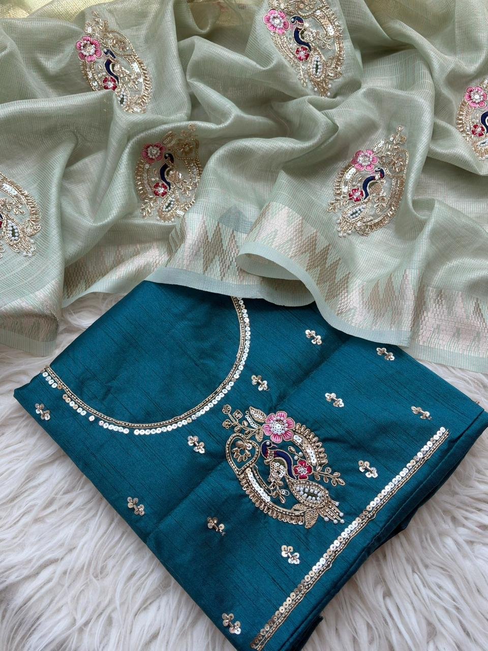 Wedding Season Designer Banarasi Checks Handwork Saree with Embellished Contrast Blouse Code !! F B.S.
