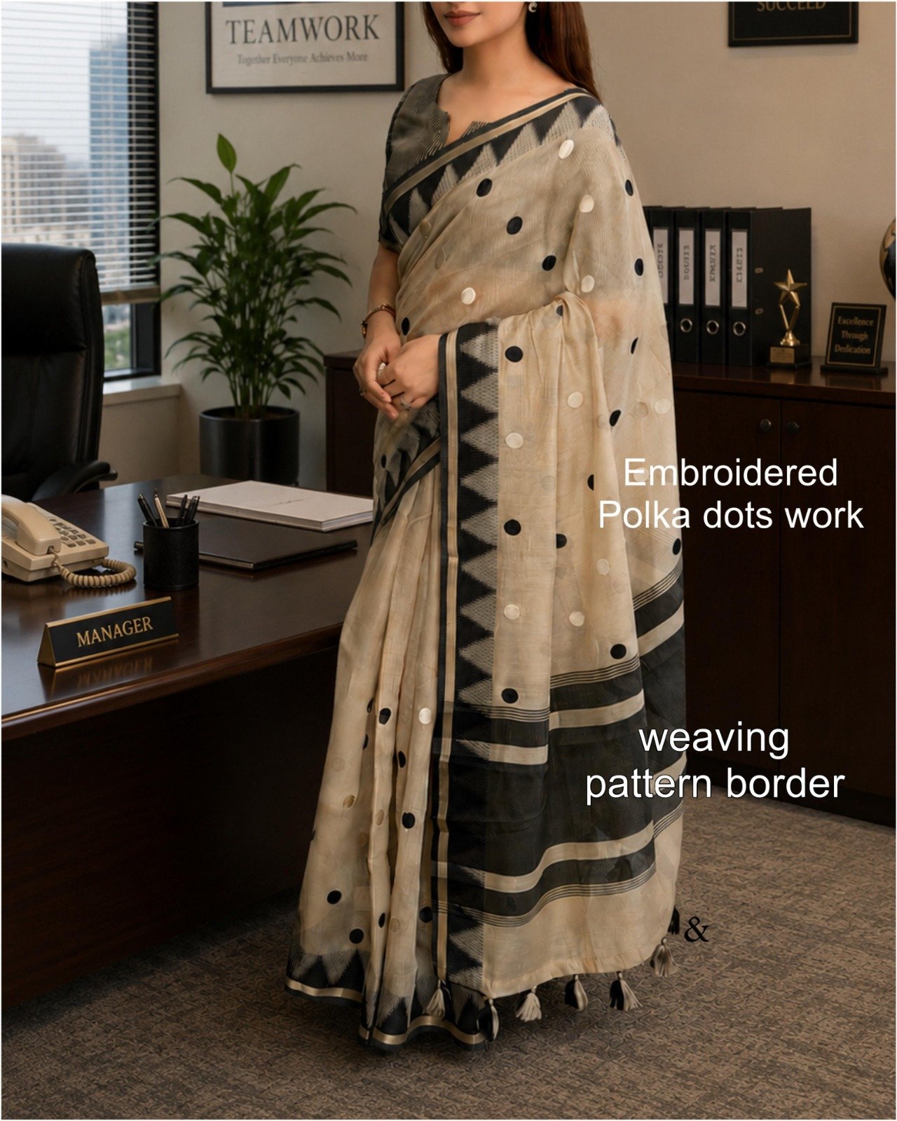 Elegant Beige and Black Modal Cotton Saree with Polka Dot Embroidery and Geometric Border Code-A.P.F.