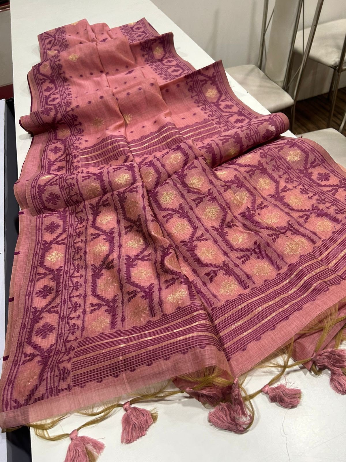 Premium Muga Cotton Jamdani Saree with Contrast Weaving and Buttie Details Code-A.P.F.