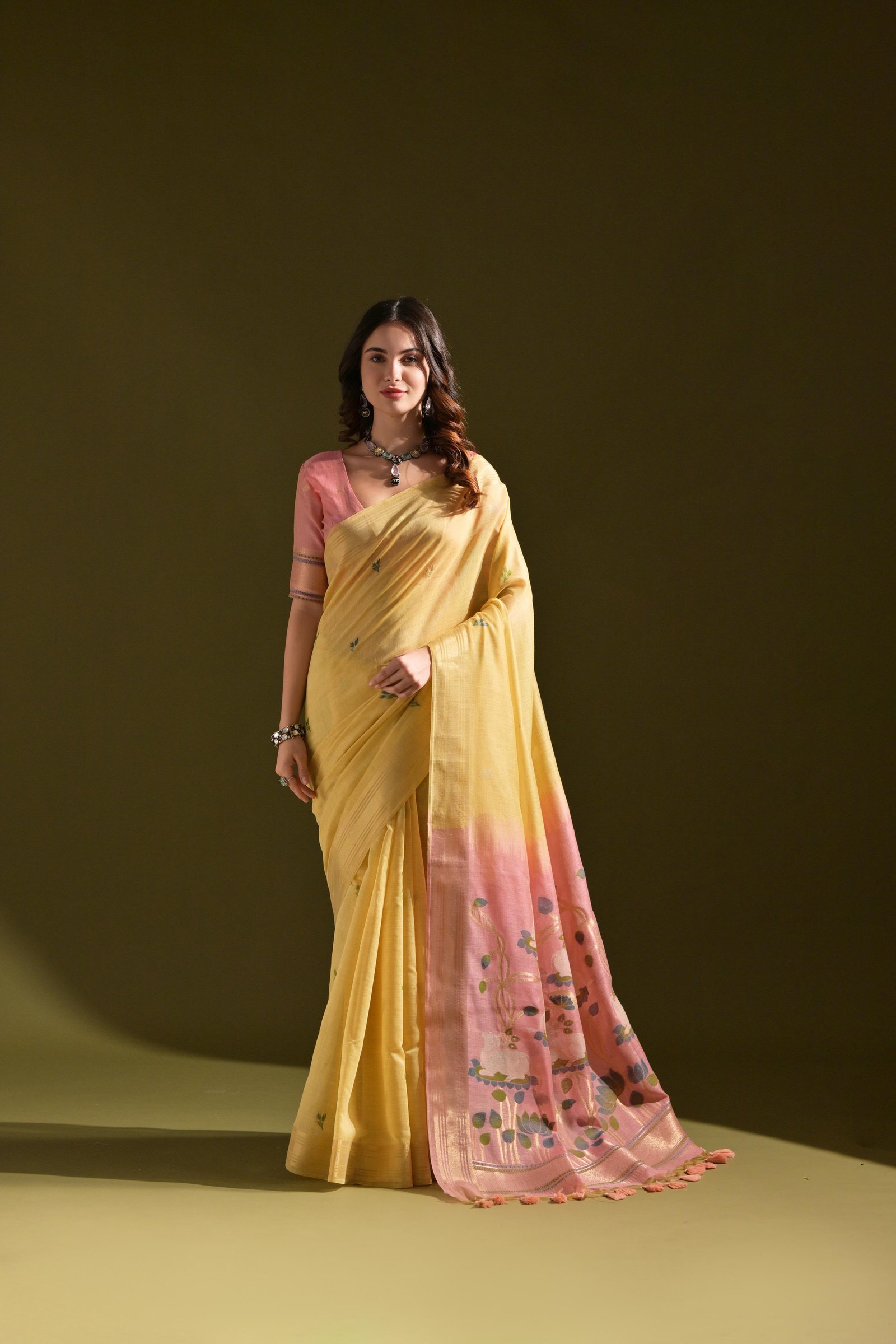 Premium Soft Muga Cotton Saree with Pichwai Pallu and Resham Weaving Code-A.P.F.