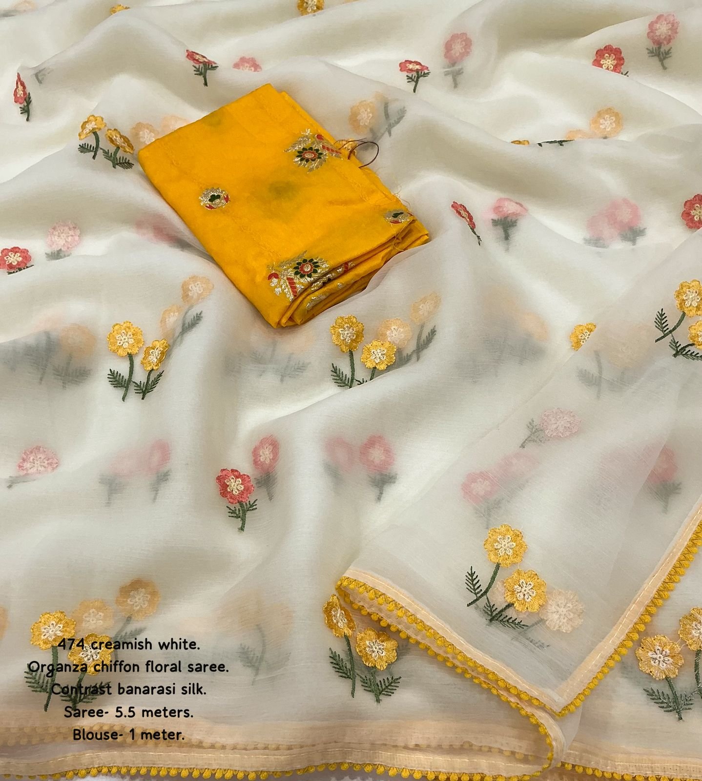 Vanilla White Organza Chiffon Saree with Floral Embroidery and Minakari Blouse Code-A.P.F.